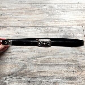 Fossil Black Leather Belt Ornate Silver Scroll Buckle Western Boho M 31" Vtg